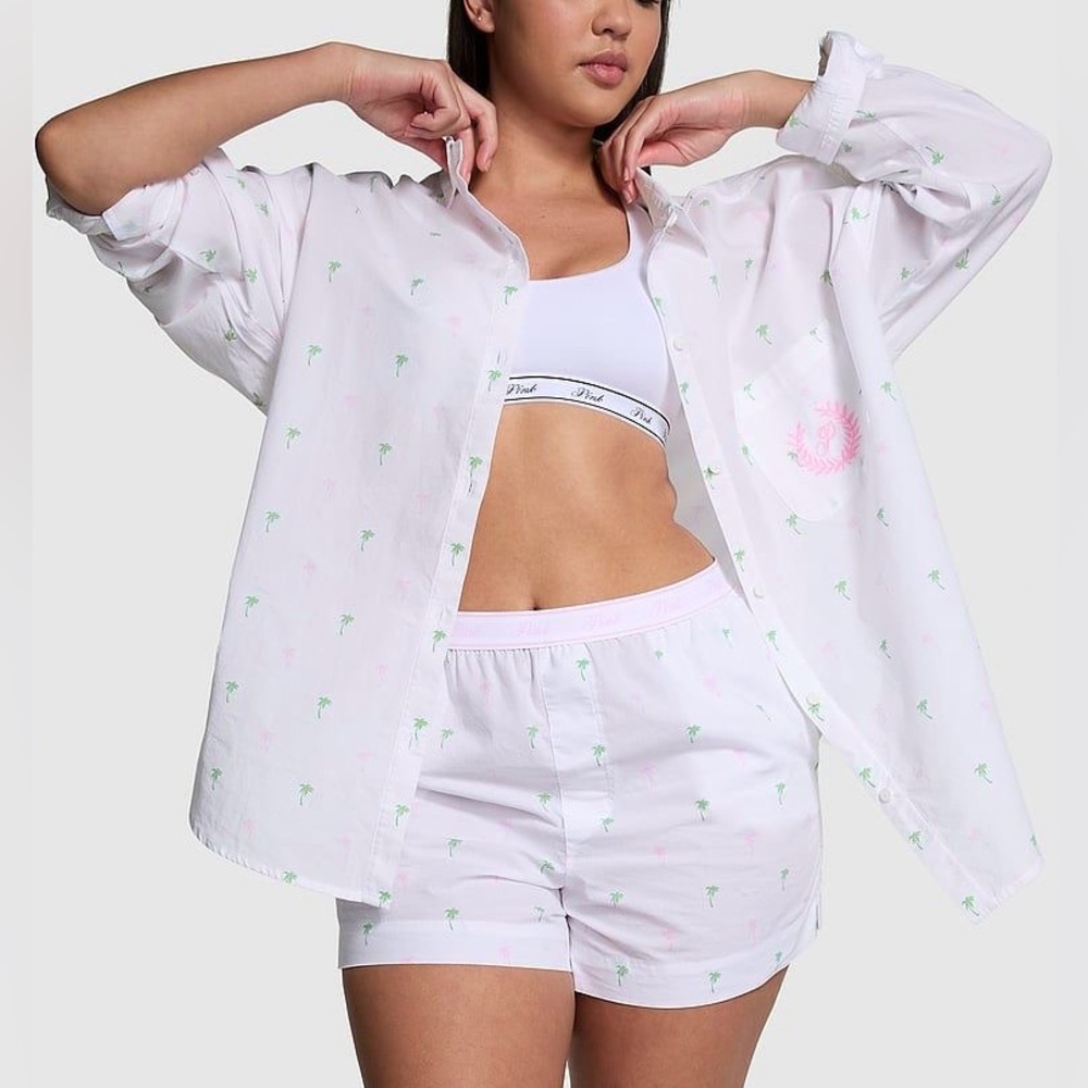Victoria’s Secret PINK Palm Tree Print Button Down Long Sleeve & Shorts Pajamas